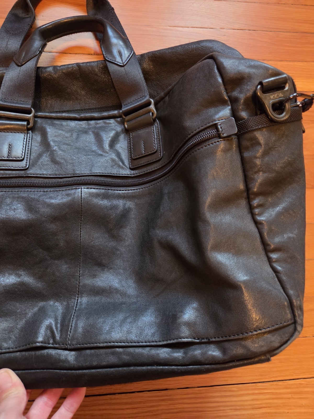 TUMI Alpha Bravo 92340DH2 Black Leather Duffel Brief Bag w/ Strap Pre-owned