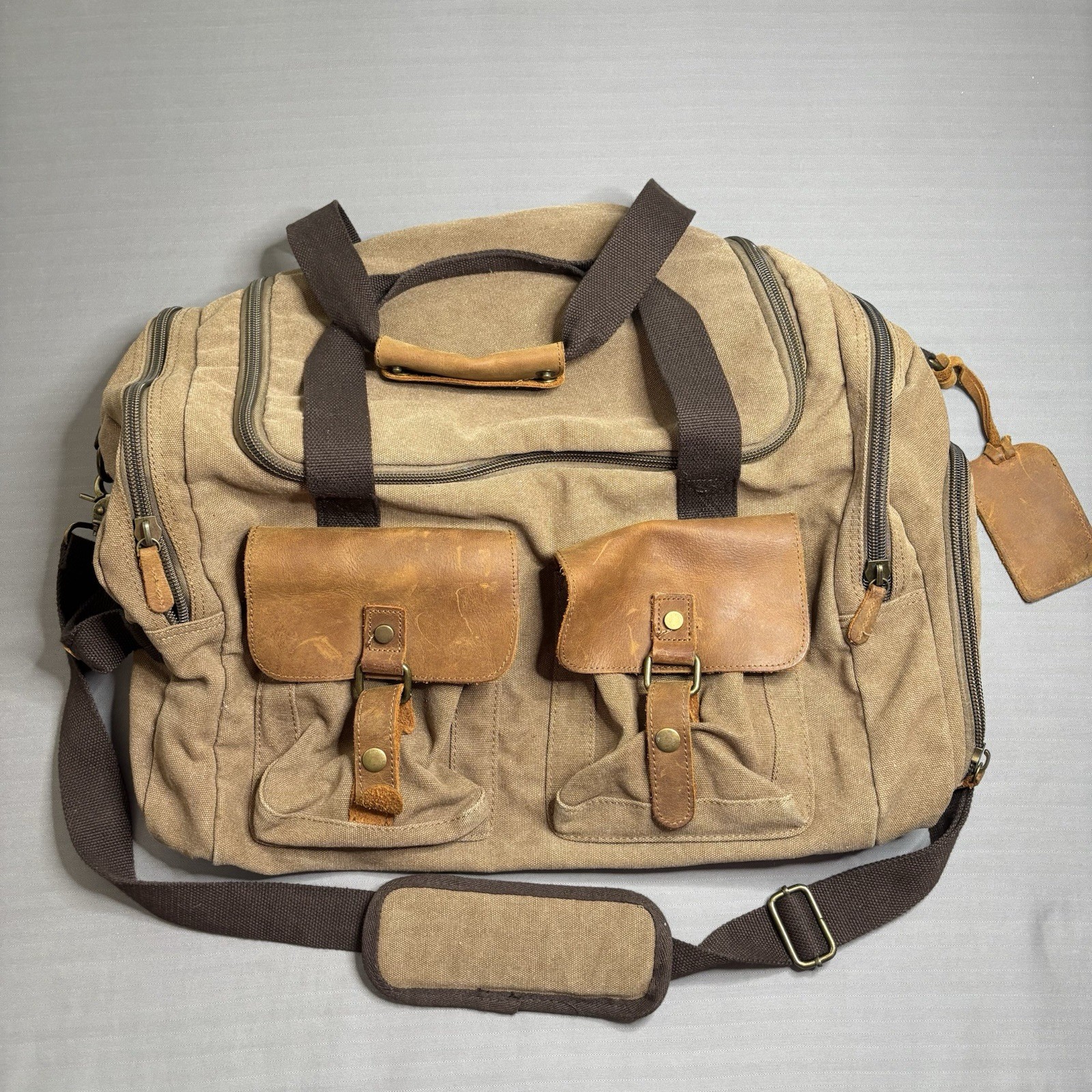 Kemy’s Vintage Military Style Canvas Leather Duffle Bag Travel Weekend Carry On