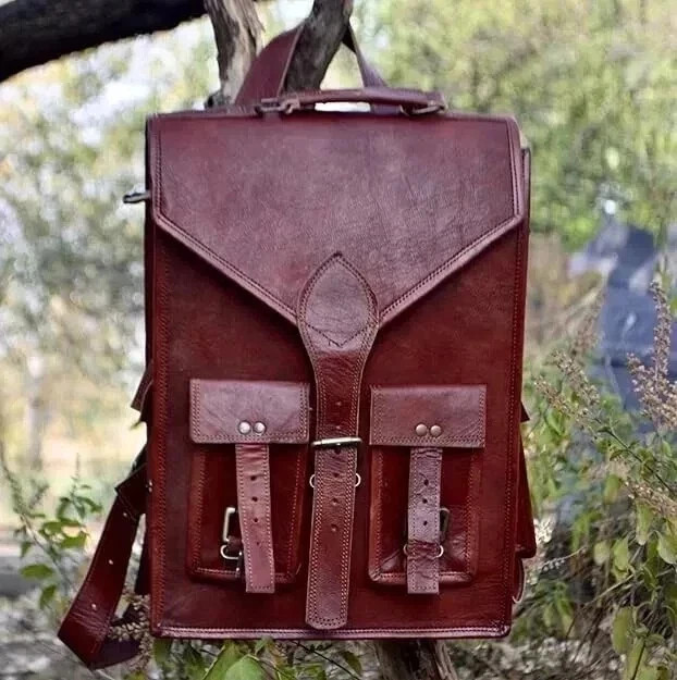 Leather Goat Backpack Bag Rucksack Vintage Genuine Travel Men’s New Brown Laptop