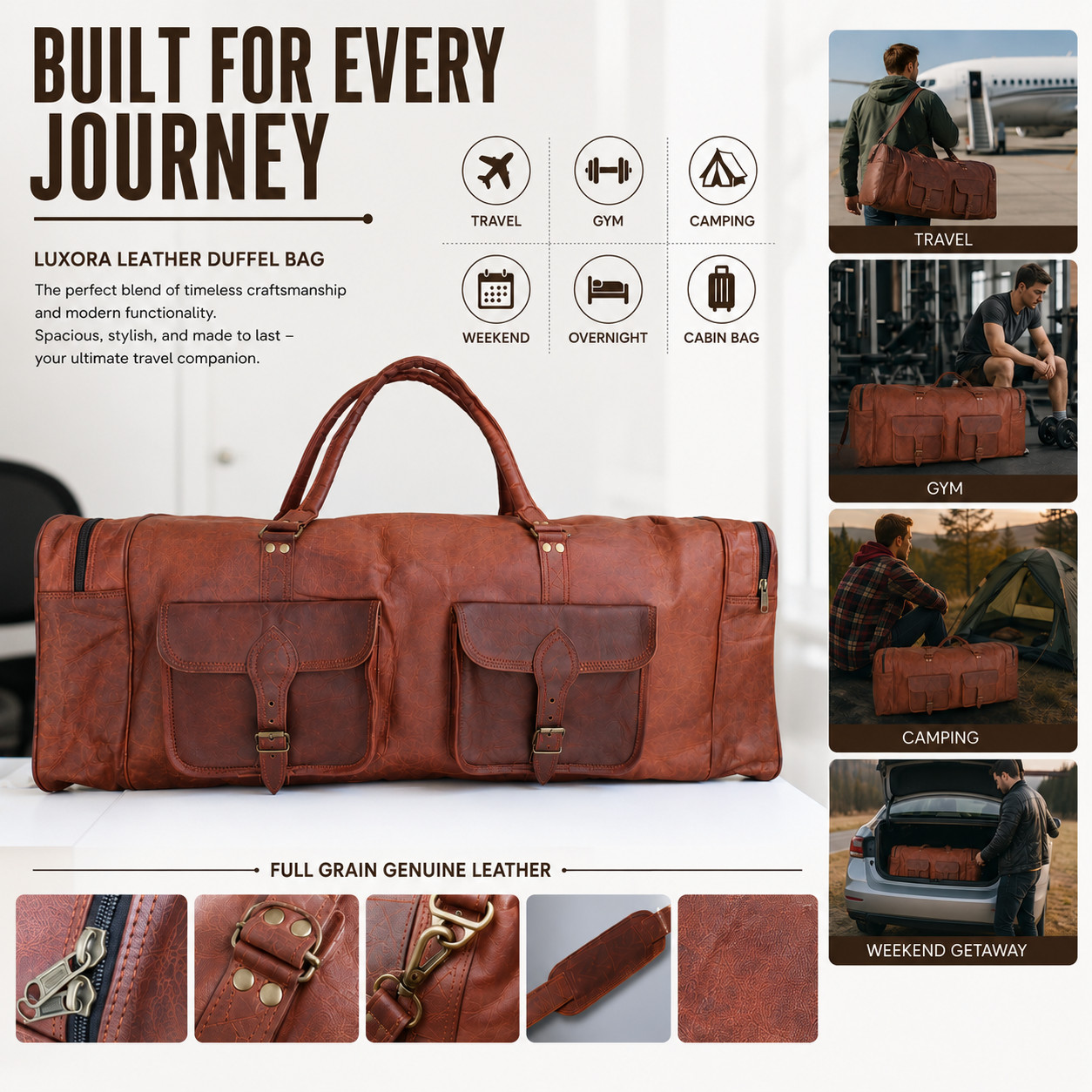 32″ Large Vintage Genuine Leather Duffle Bag, Carry On Travel Bag, Overnight Bag