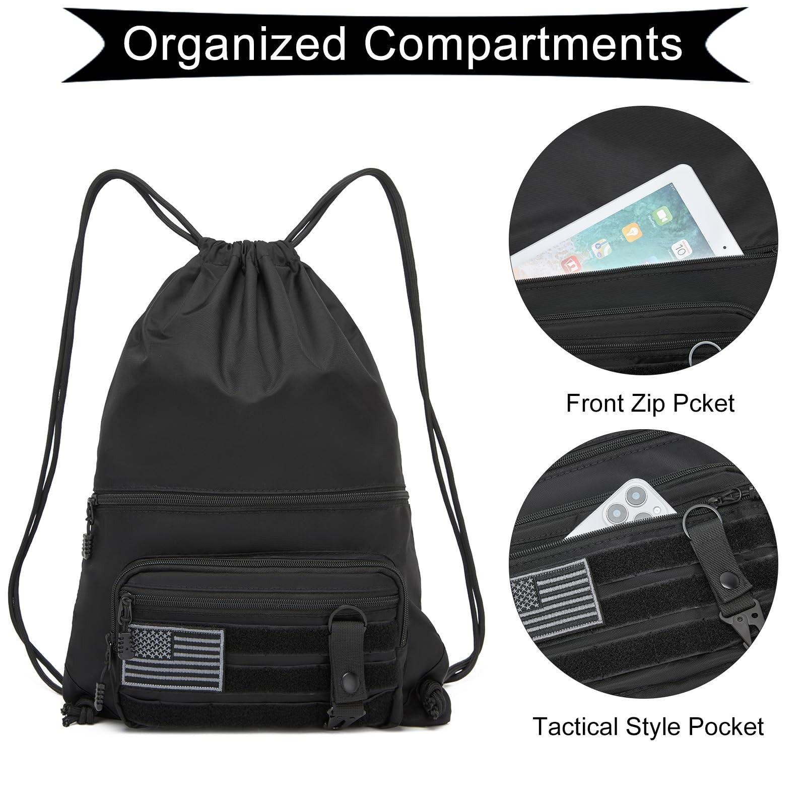 Drawstring Backpack Tactical String Bag with Zipper Pockets Waterproof Cinch …
