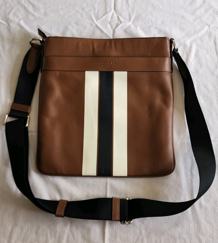 Coach Striped Messenger Bag Brown Black White Adjustable Strap