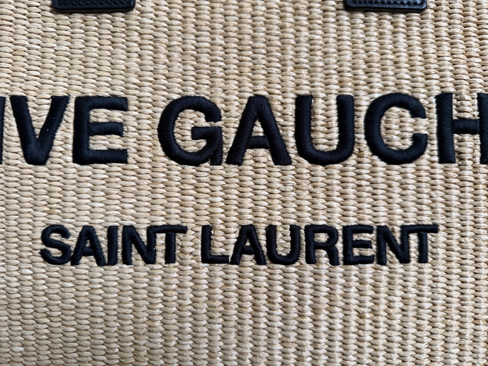 NWT Saint Laurent YSL Rive Gauche Raffia Beige Black Canvas Logo Tote Bag $3450