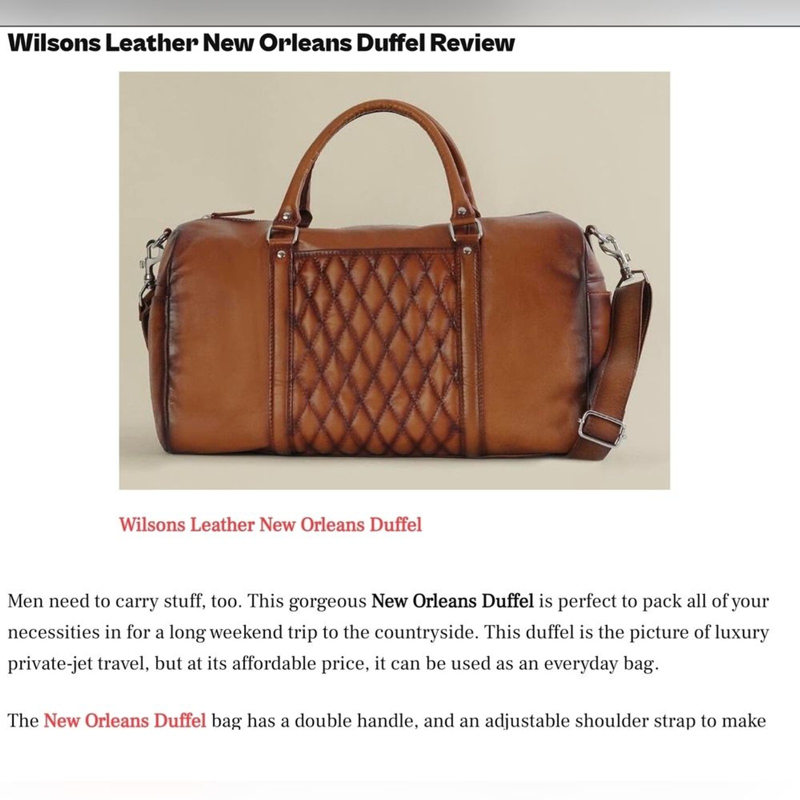 New Wilsons Leather New Orleans Duffel Tan Weekender Diamond Quilted Pattern