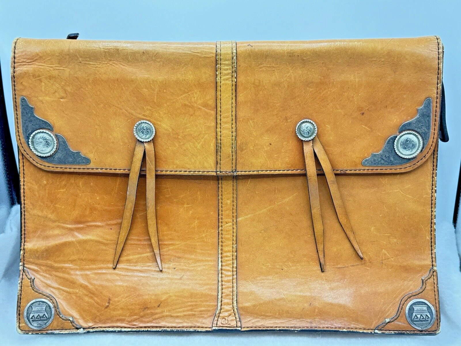 Vtg Charles Underwood Italian Cowhide Leather Briefcase Sterling Plated Conchos