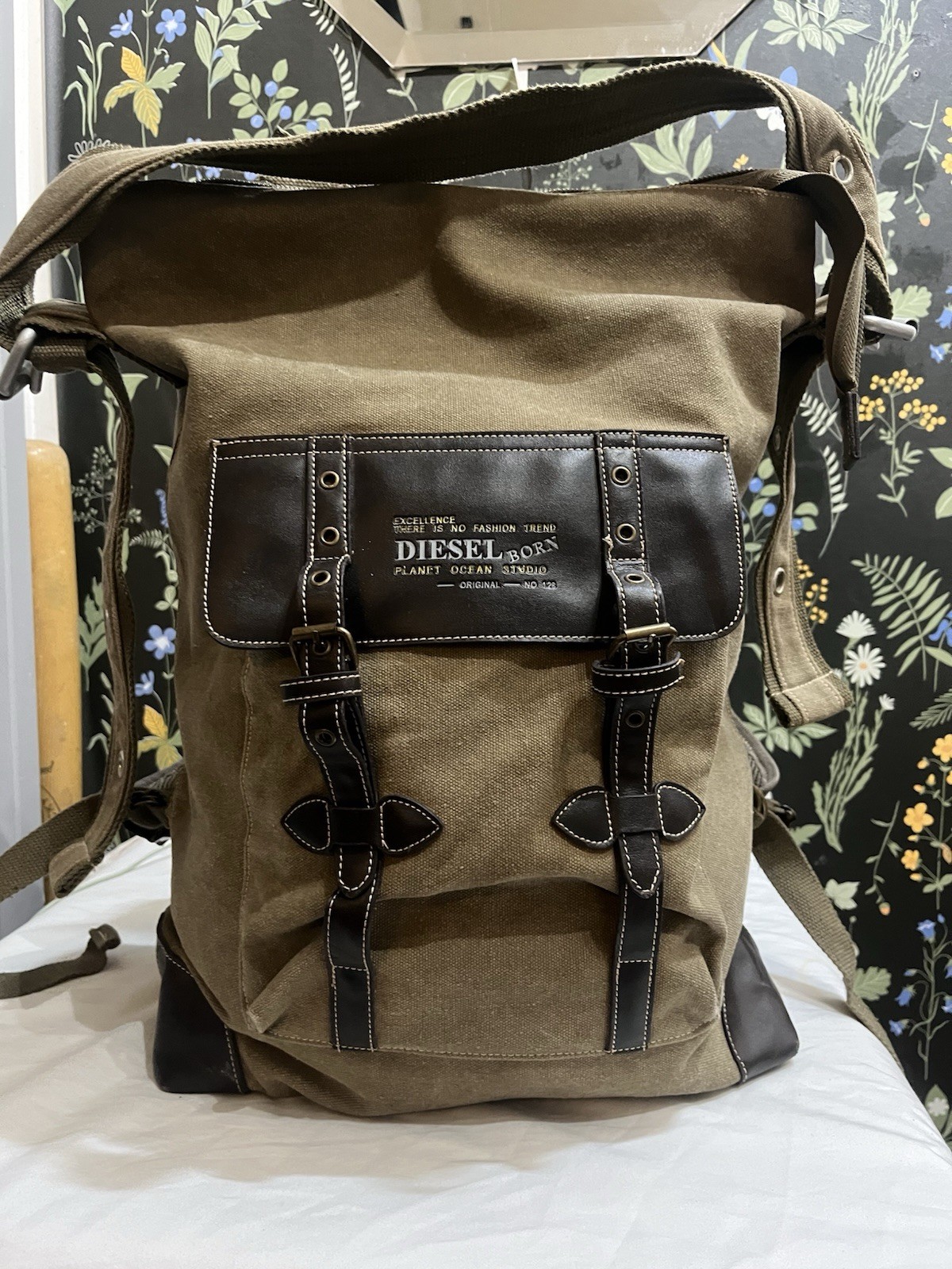 Vintage 90 S Diesel Heavyweight Cotton Olive Khaki Canvas Back Pack Bag