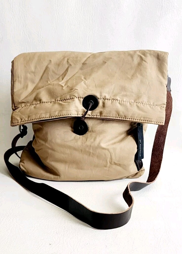 Property Of Crossbody Messenger Bag Nylon Cotton Blend & Leather Brown Tan