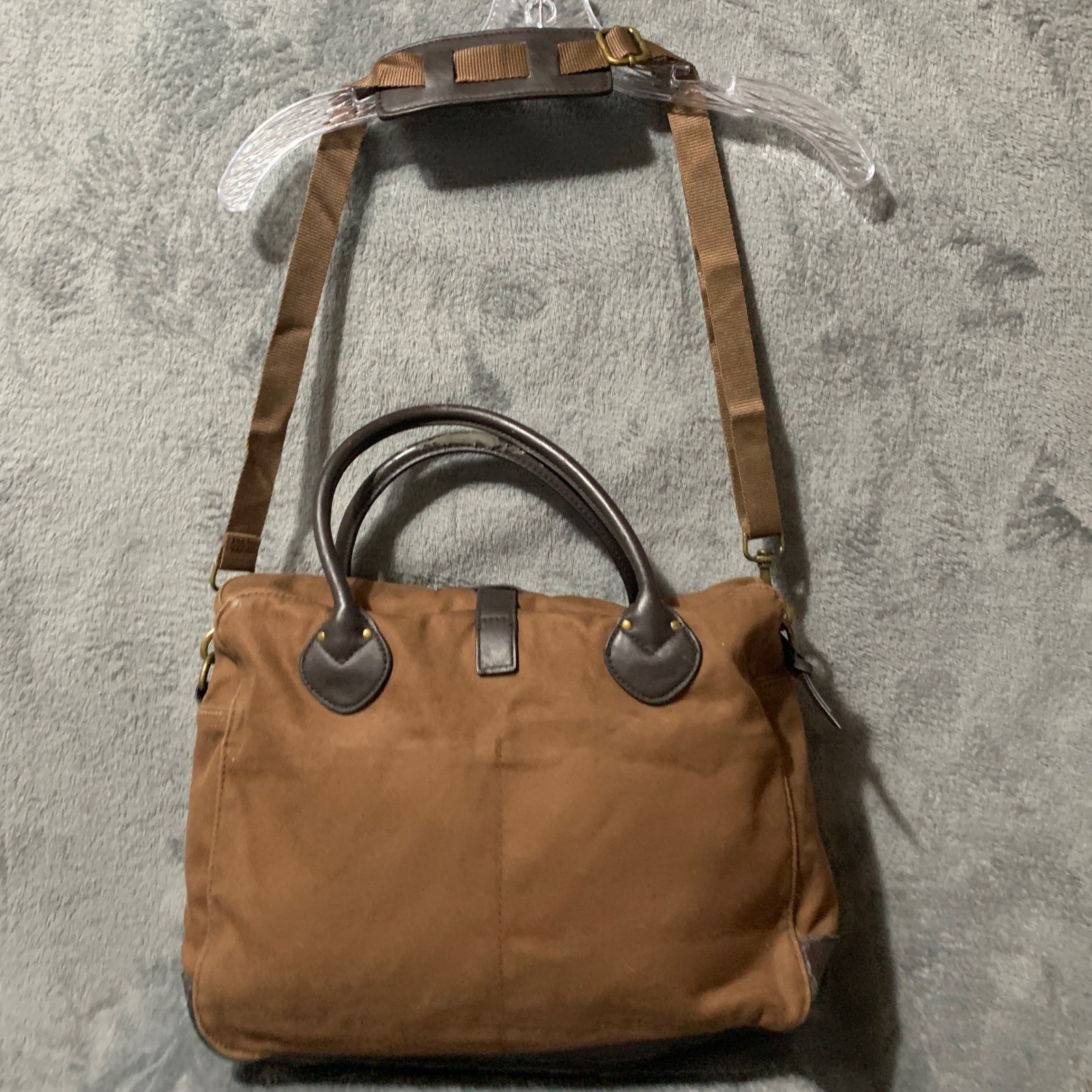 J. Crew Brown Canvas Messenger Bag Leather Trim Crossbody Satchel RN77388 Faw
