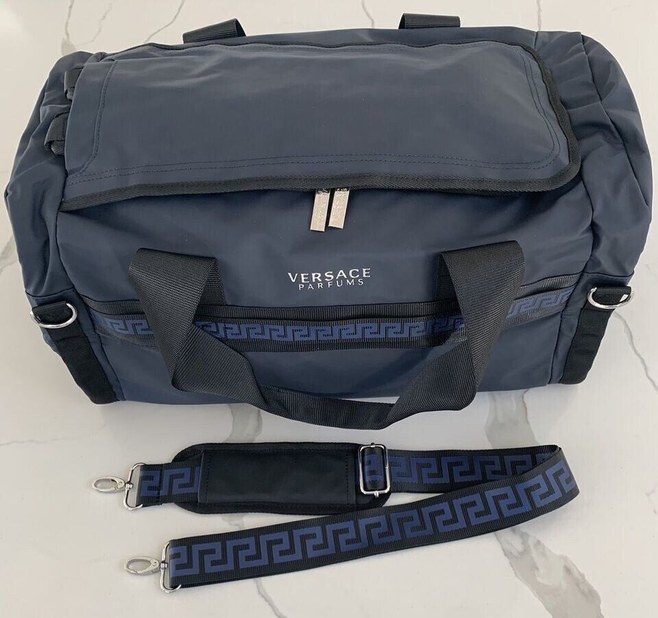 Versace Parfums Duffle dark blue Backpack faux leather gym Weekender travel Bag