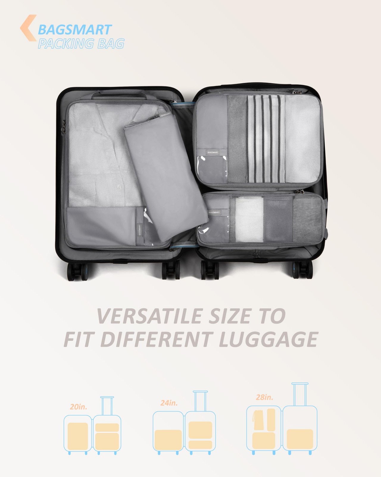 BAGSMART 4 Set Compression Packing Cubes – Lightweight Travel of 4, Grey