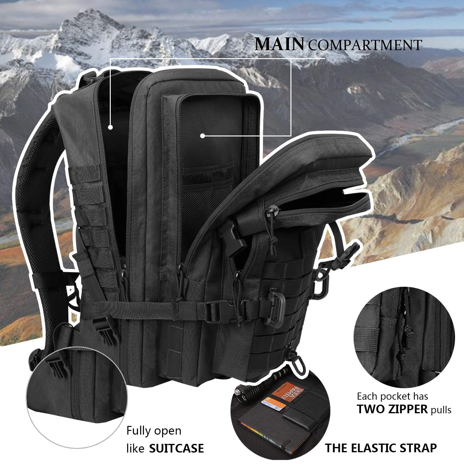 Tactical MOLLE Assault Backpack, Military 3-Day Pack, Camping Rucksack, Black
