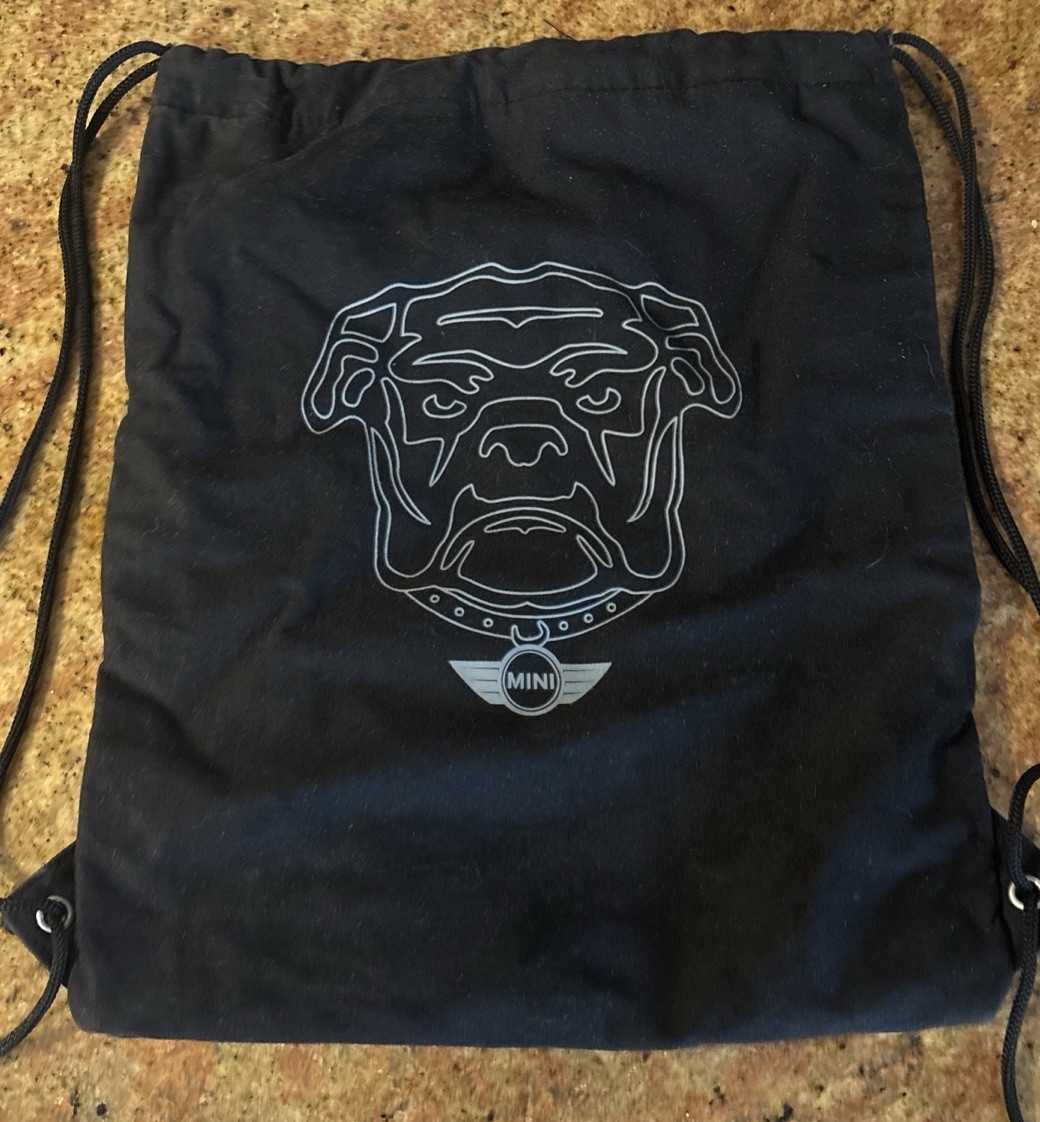 Mini Cooper English Bulldog Black Drawstring Backpack Lined Organic Cotton Bag