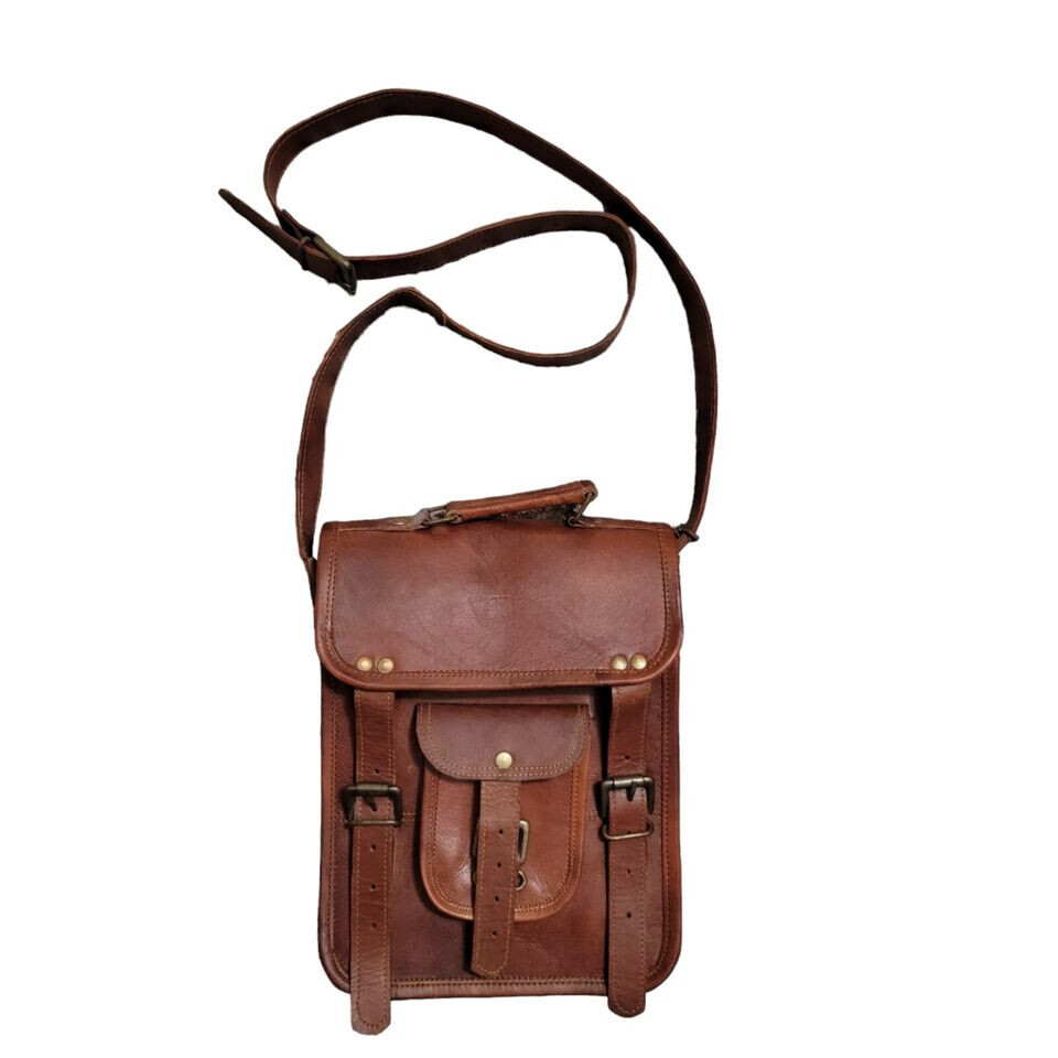 Leather 11 Inch Sturdy satchel Messenger Bag canvas lined gold buckle closures