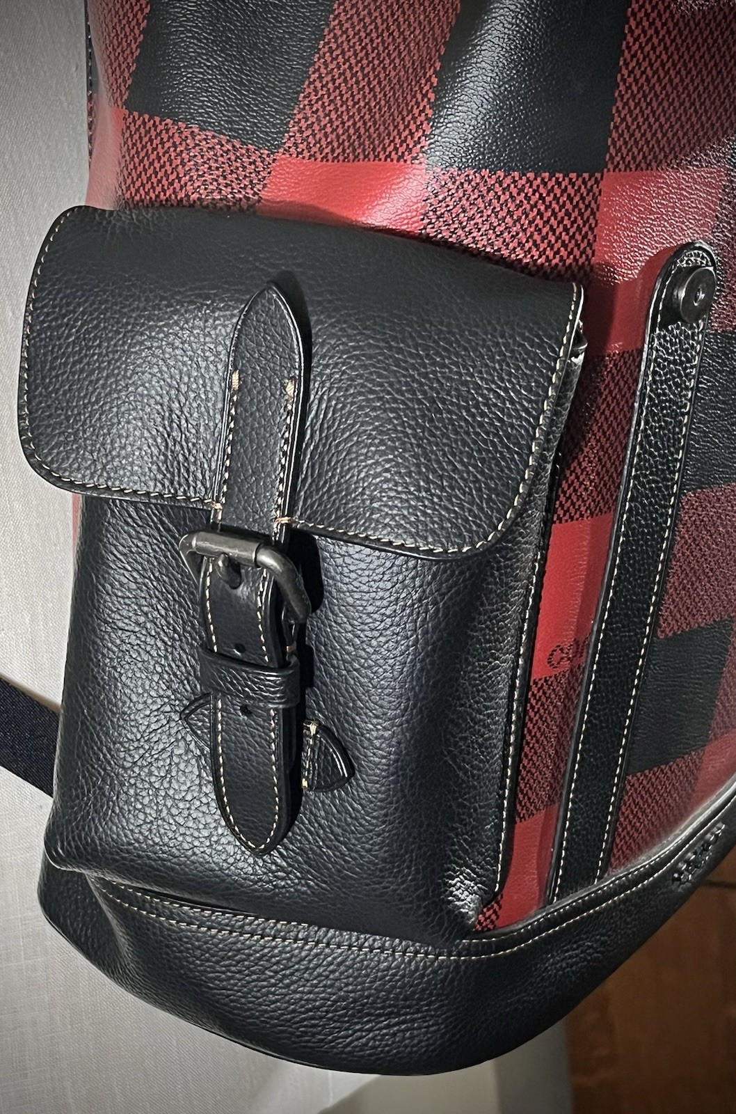 Coach C1240 Hudson Backpack Buffalo Plaid Red Black Leather Rucksack Laptop Bag