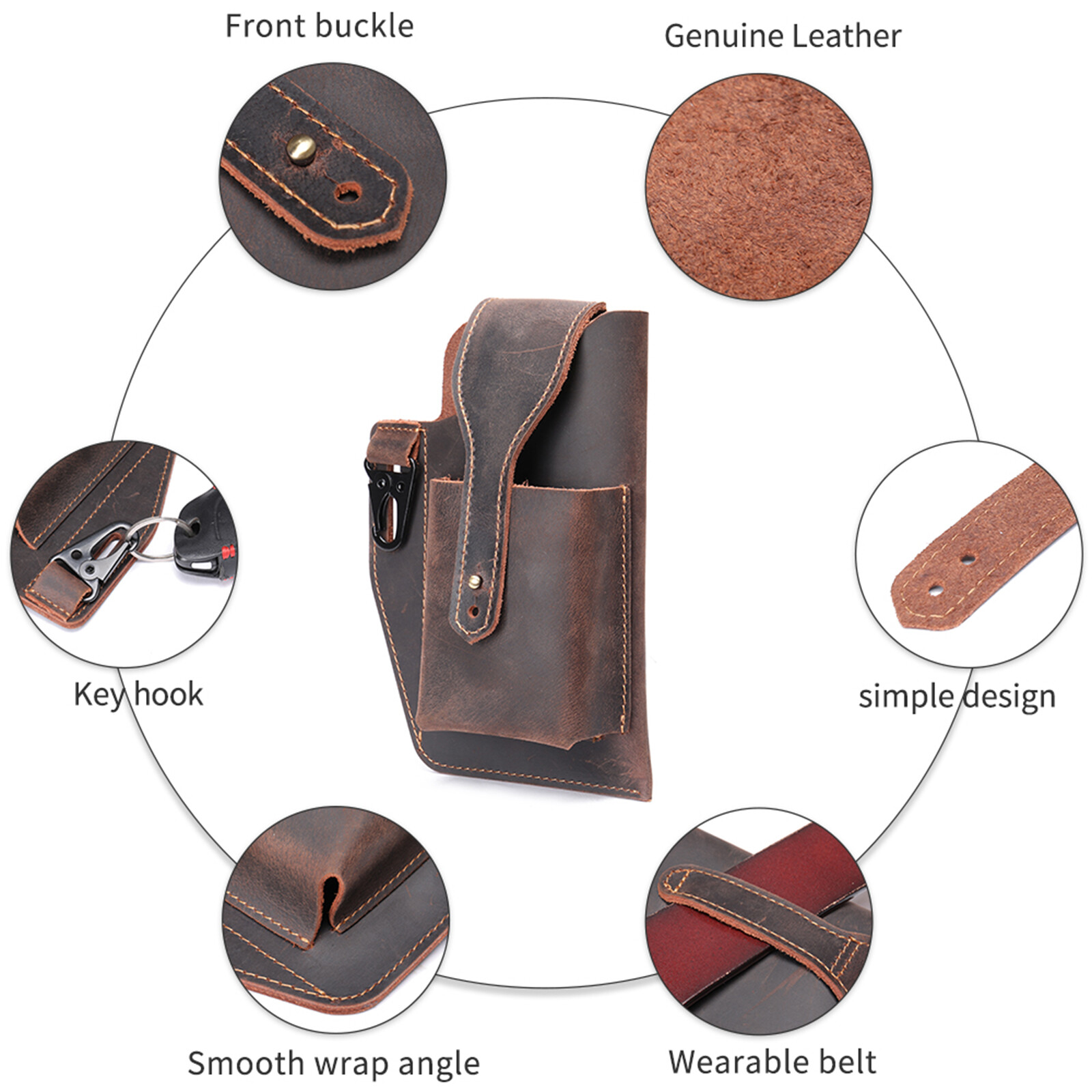 Men’s Leather Belt Pouch Phone Holder with Key Clip Vintage Waist Bag