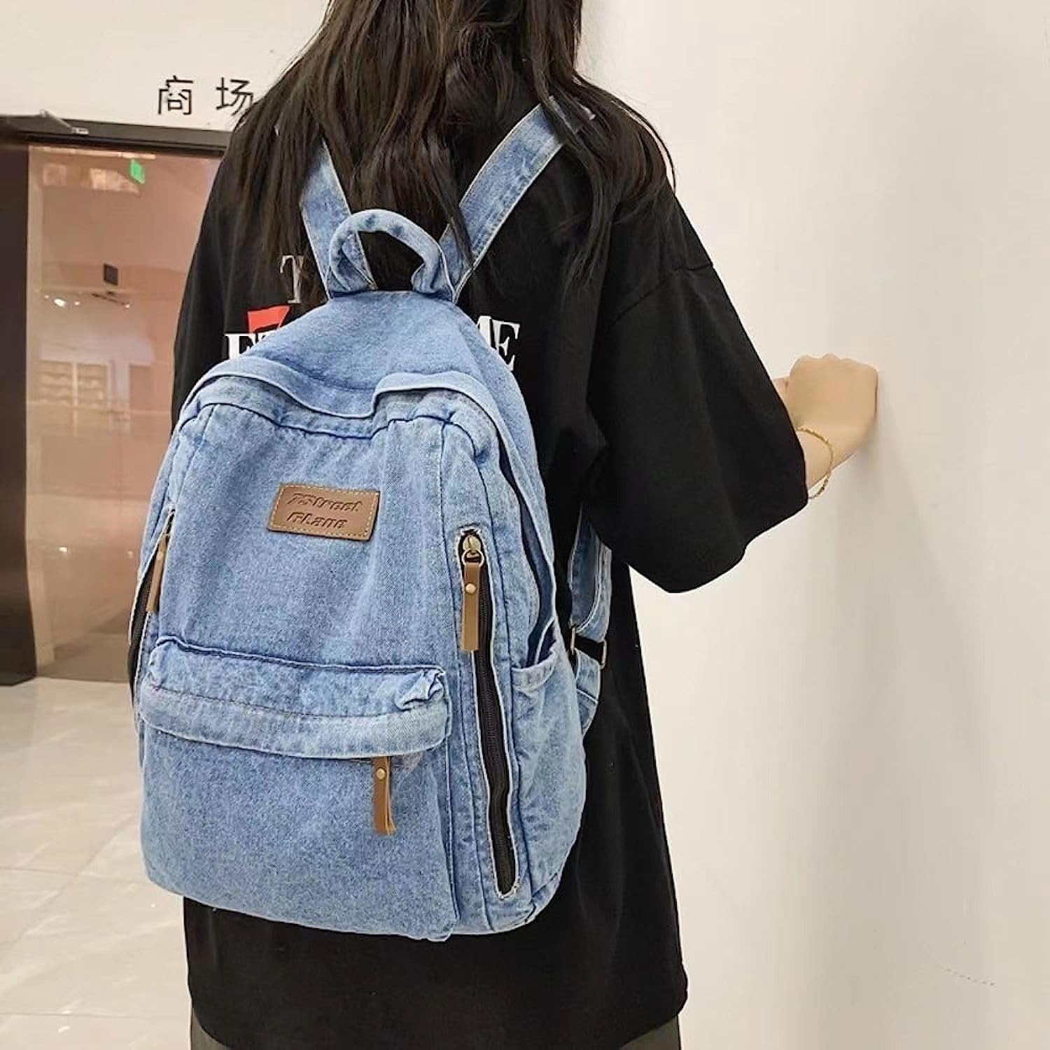 Denim Backpack for Women Men Vintage Grunge Backpack Blue Jeans Laptop Backpack