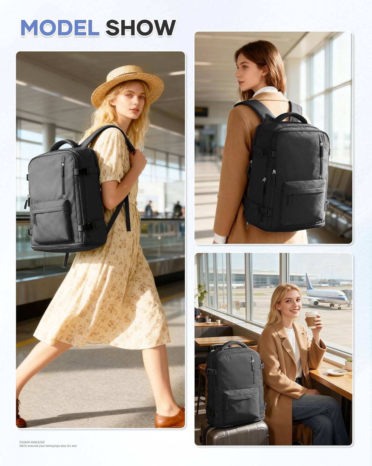 Large Travel Daypack Waterproof Laptop Backpack Carry On Black