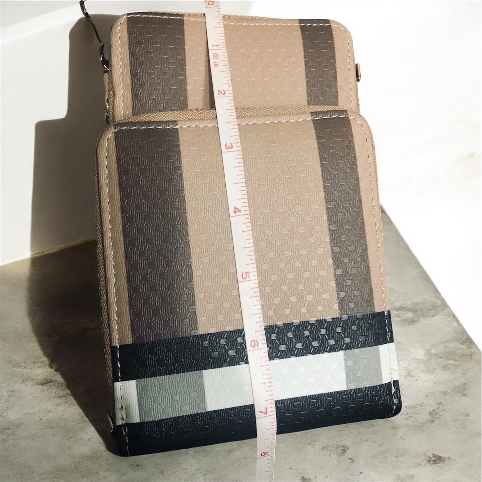 Beige & Black Striped Crossbody Bag, Zip Closure, Adjustable Strap