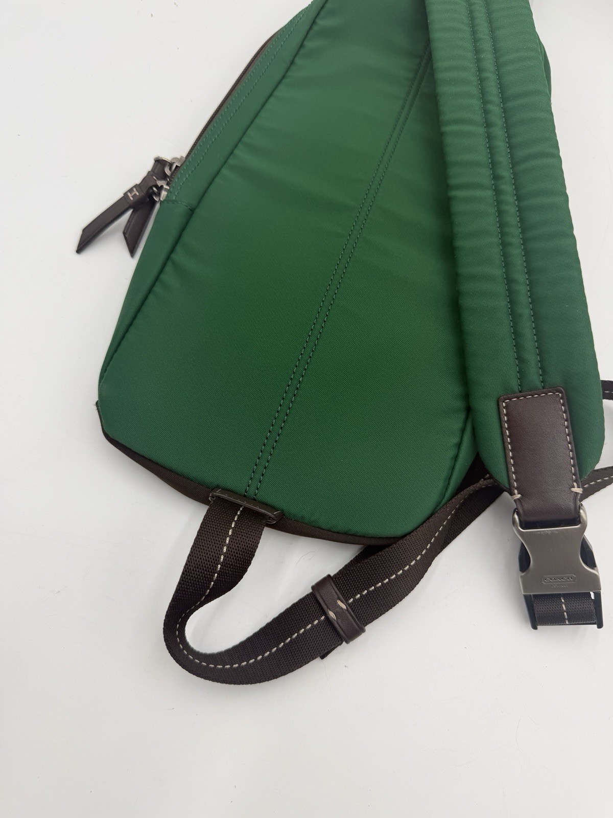 Coach Varick Nylon Sling Pack F70692 Green Brown Leather Crossbody Backpack Bag