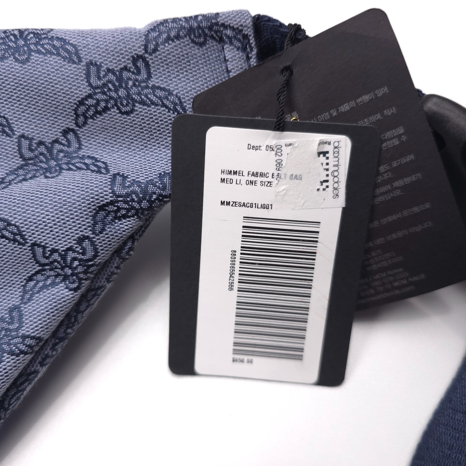 $650 MCM Himmel Lauretos Jacquard Fabric Belt Bag in Steel Blue Mens Authentic