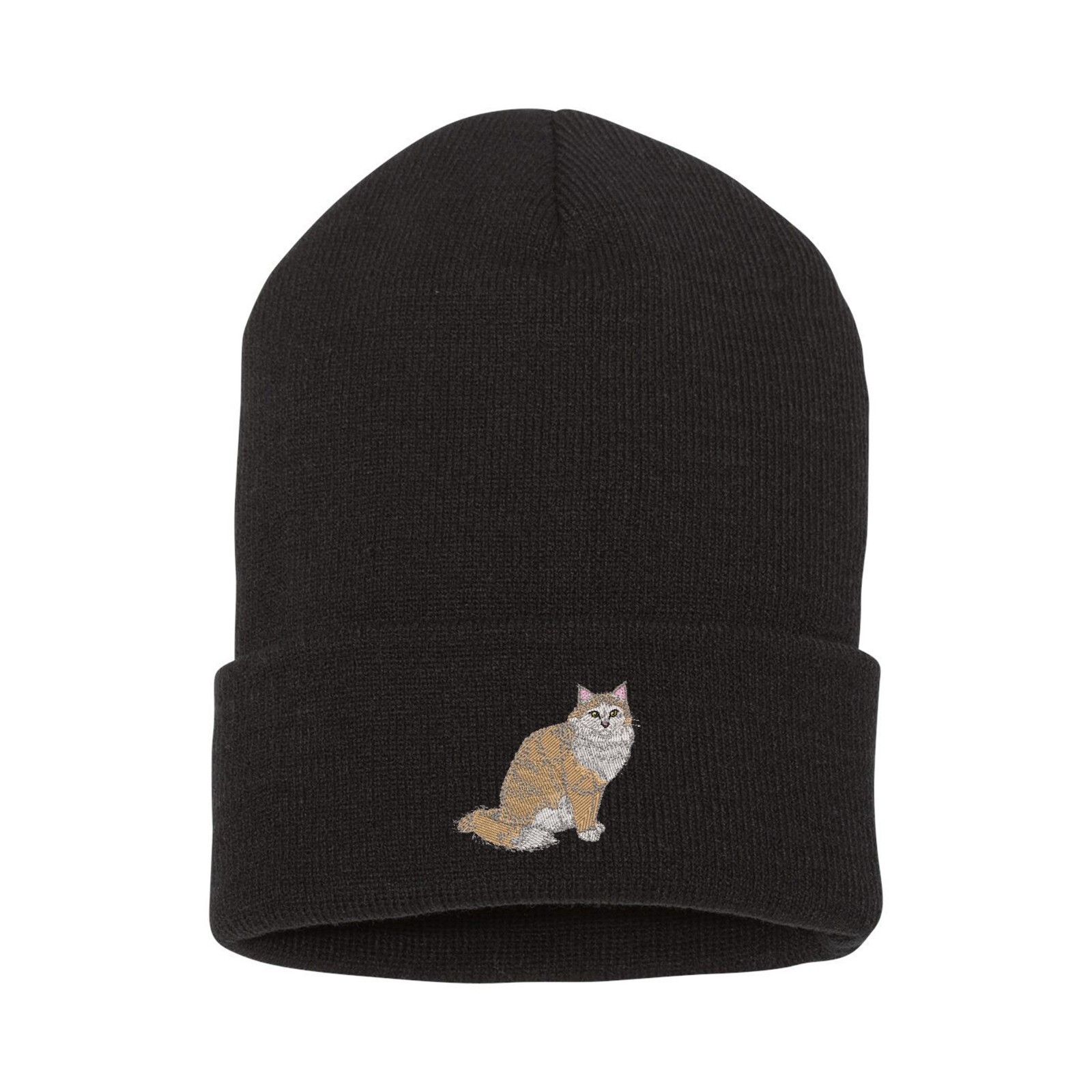 Maine Coon cat embroidered black beanie hat, embroidery winter beanie