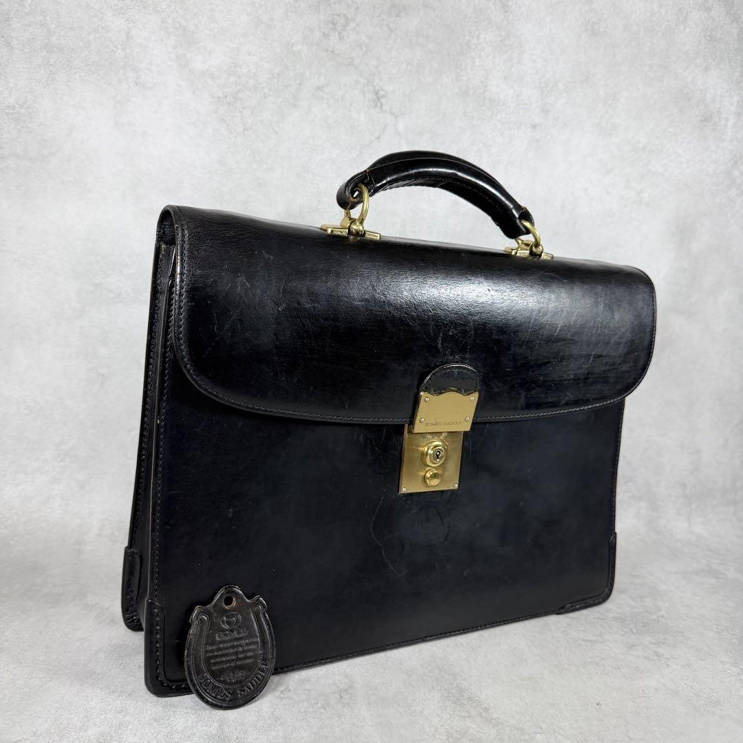 SOMES SADDLE Black Leather Business Briefcase Flap Lock with Key Authentic