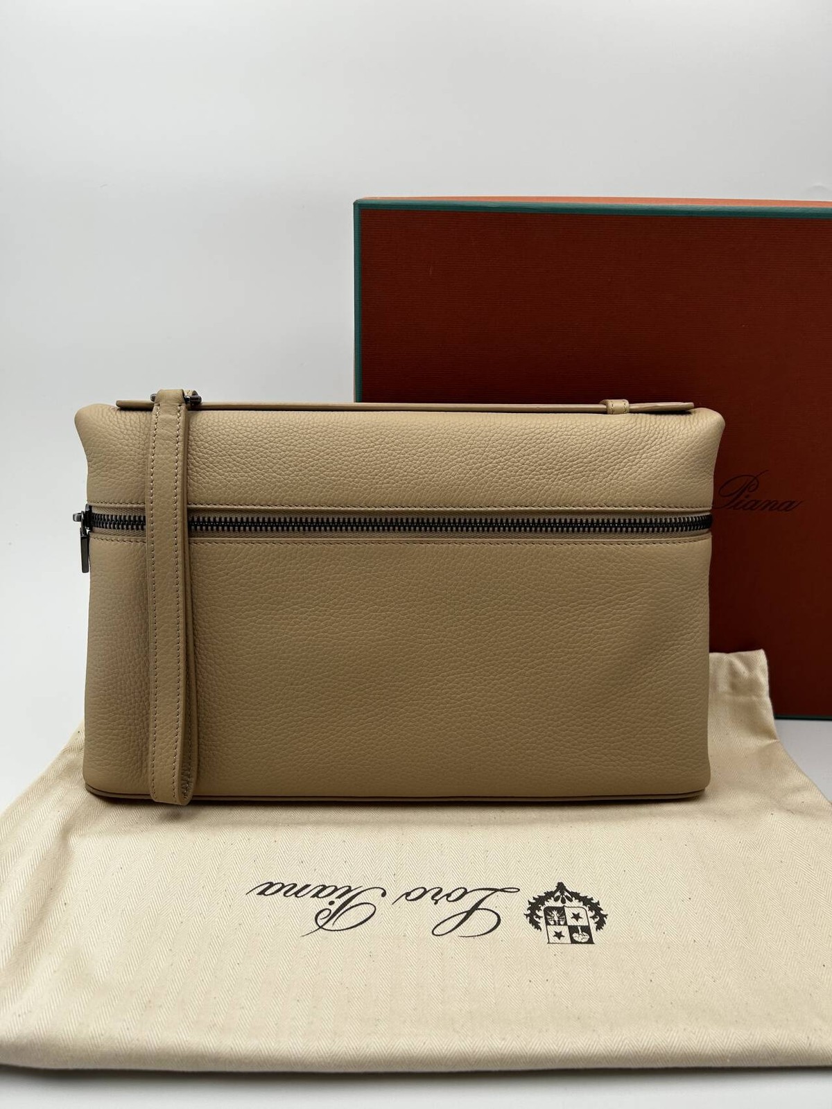 Loro Piana Extra Pouch L29 Grained Calfskin Warm Mastic Onyx Clutch Wristlet Bag