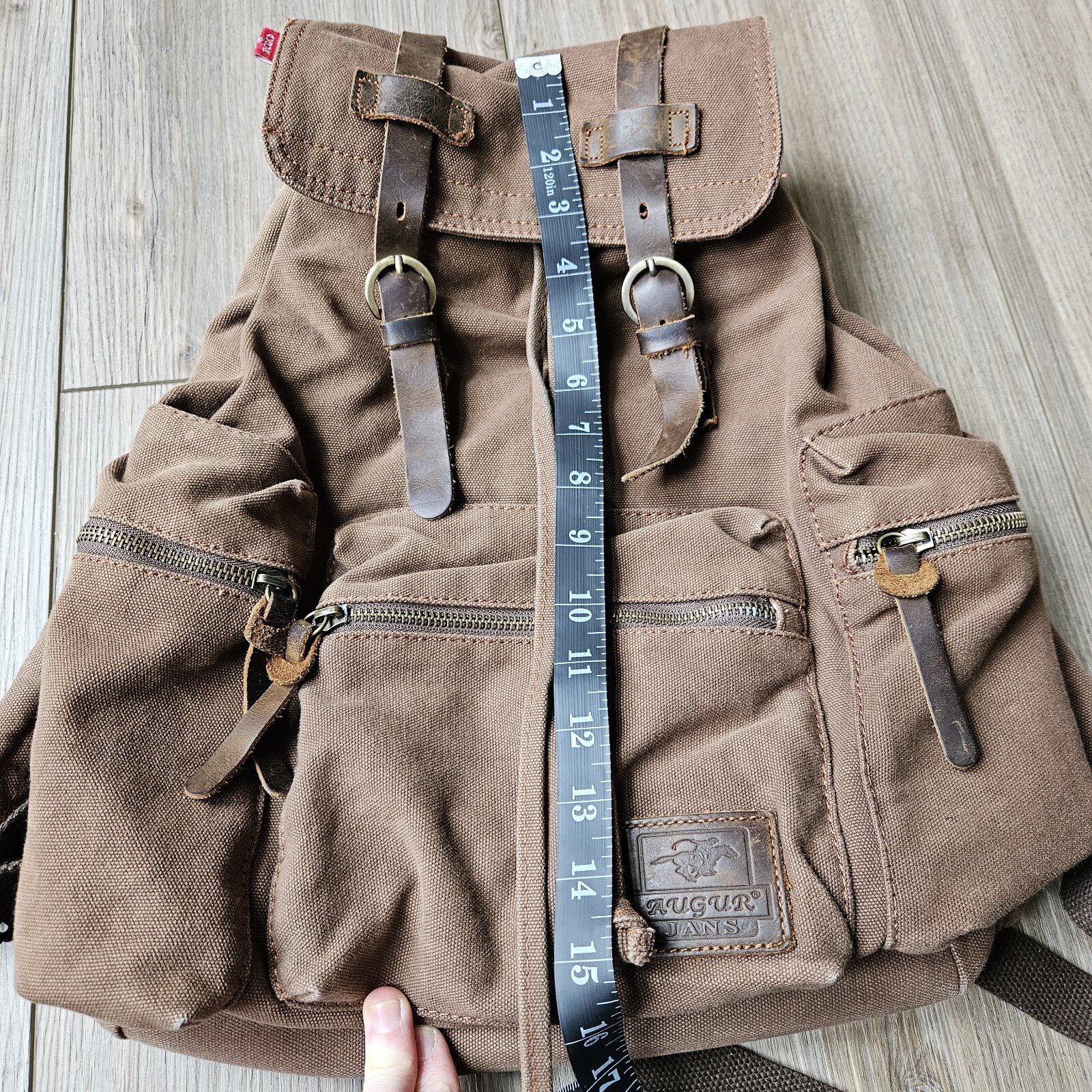 Augur Strauss & Co Brown Canvas Leather Strap Backpack Laptop