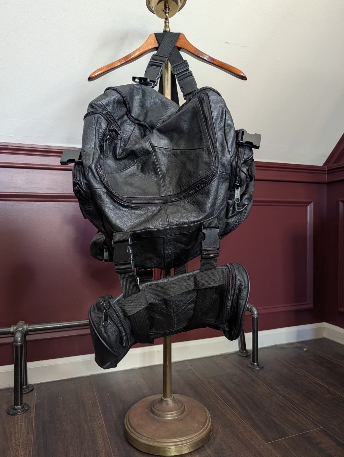 VINTAGE 2-piece Leather Biker Backpack Straps Lace-up Large