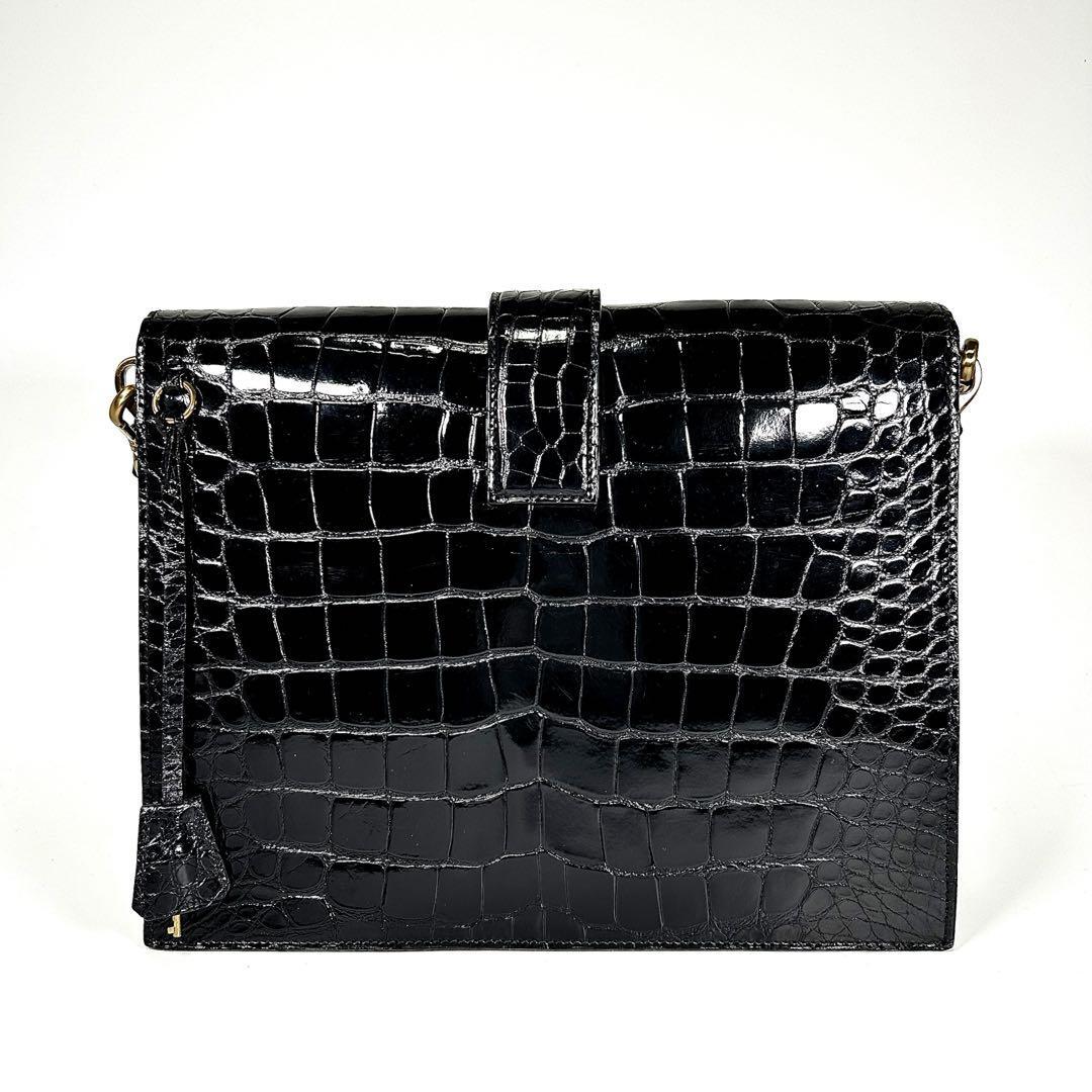 PRADA Real Crocodile Shining Center Business Bag hand bag Auth key charm