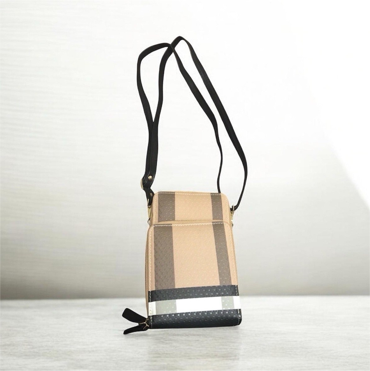 Beige & Black Striped Crossbody Bag, Zip Closure, Adjustable Strap