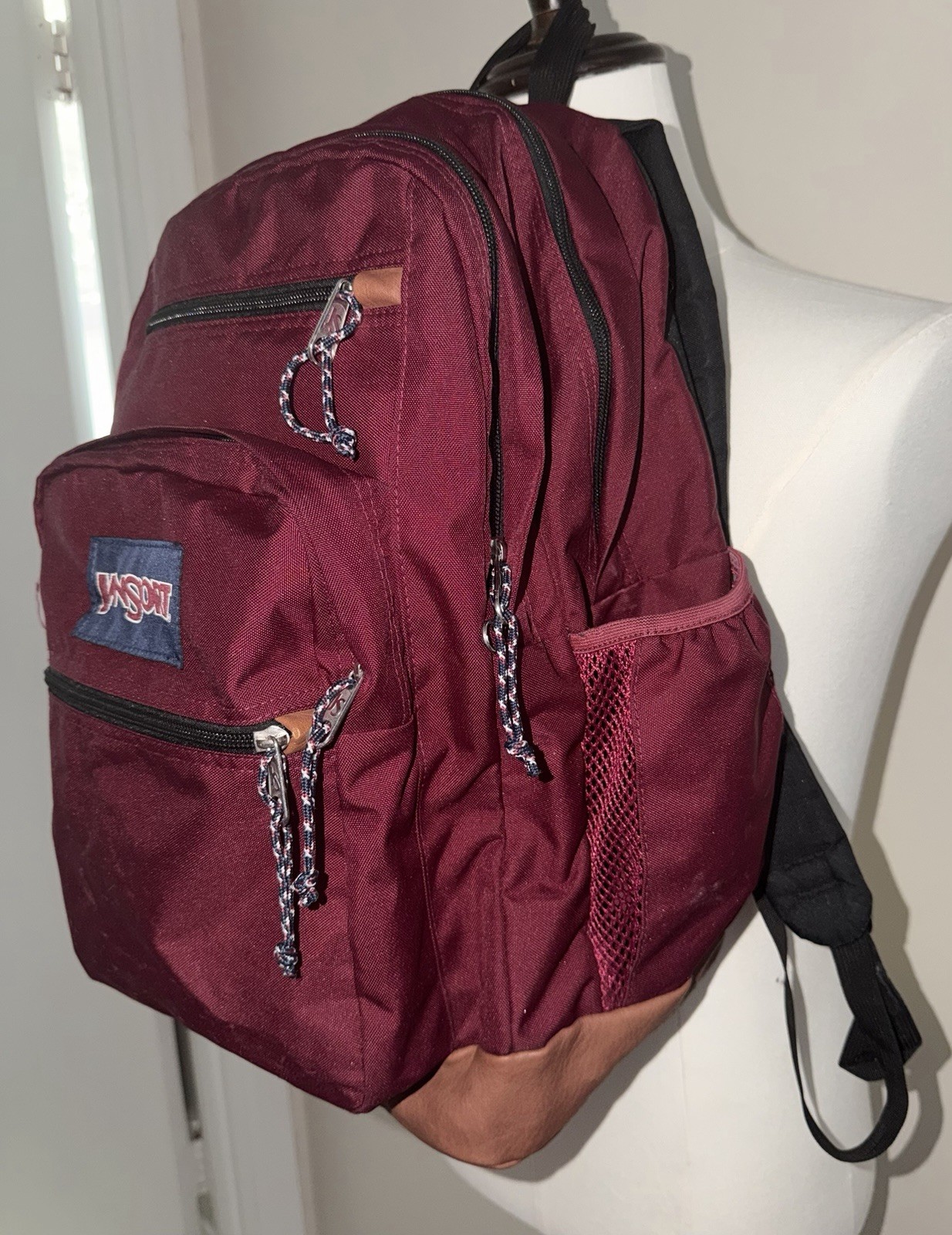 Jansport Cool Student Maroon Backpack With Brown Leather Bottom