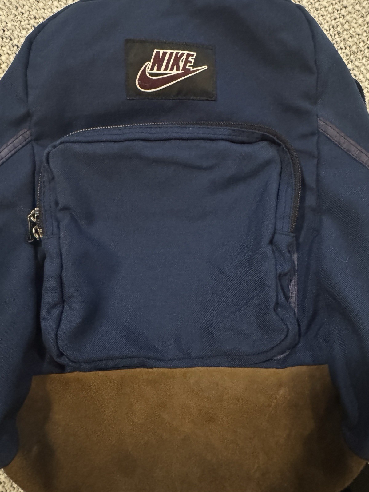 Vintage 1990s NIKE Navy Blue Backpack Swoosh Logo Nylon Suede Leather Bottom