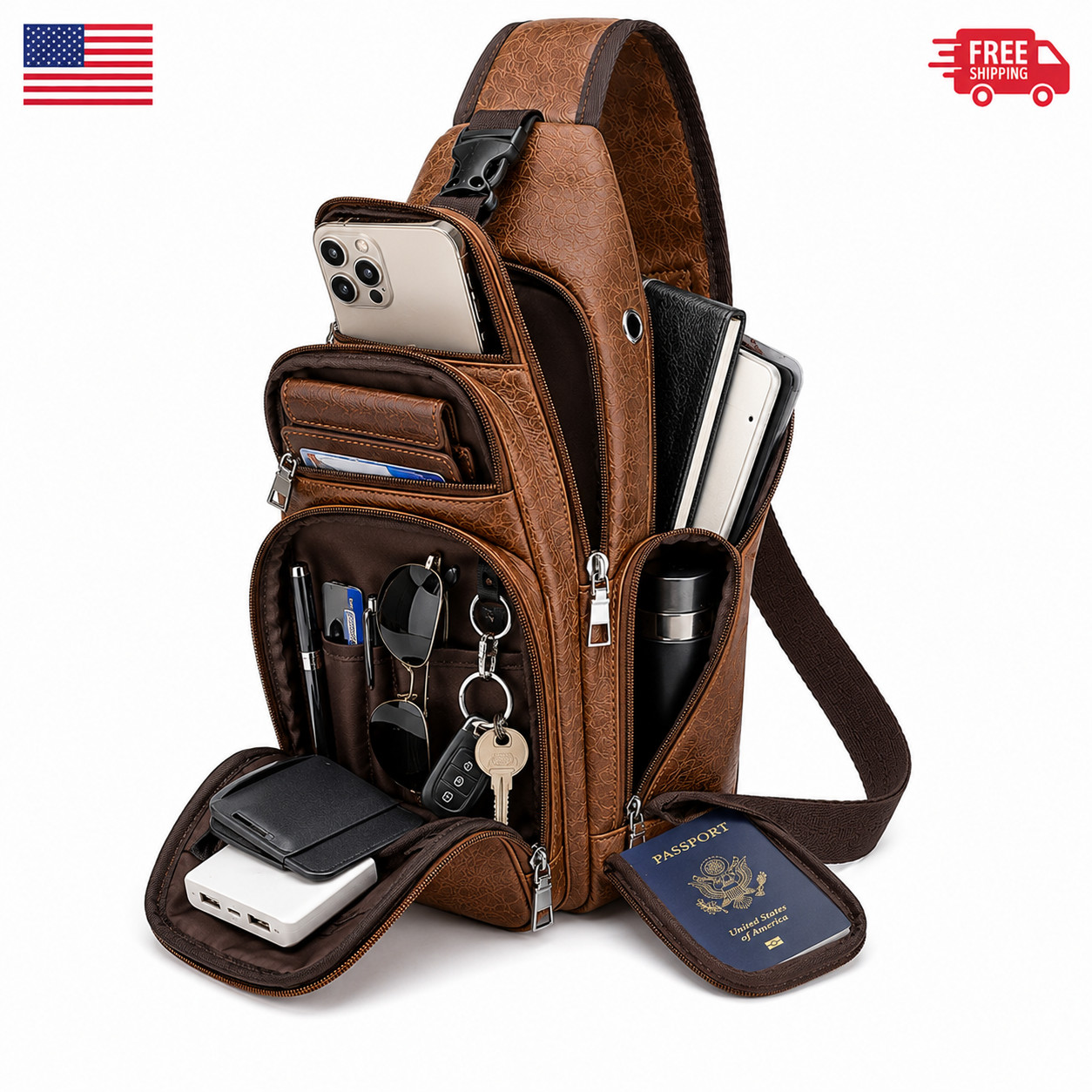 Chest Crossbody Bag Sling Backpack for Men with USB Charge Port Brown