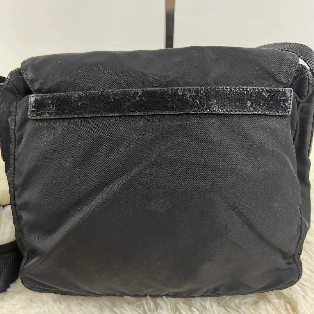 PRADA Shoulder Bag Black Nylon Triangle Logo Unisex Adjustable 23x25x10cm Auth