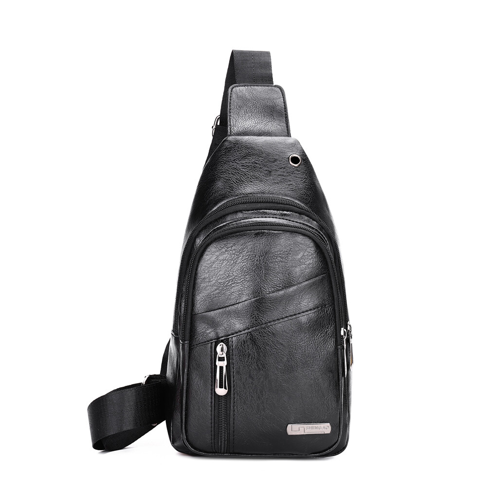 Men’s Chest Bags Sling Backpack Leather Crossbody Purse with Earphone Cable Port