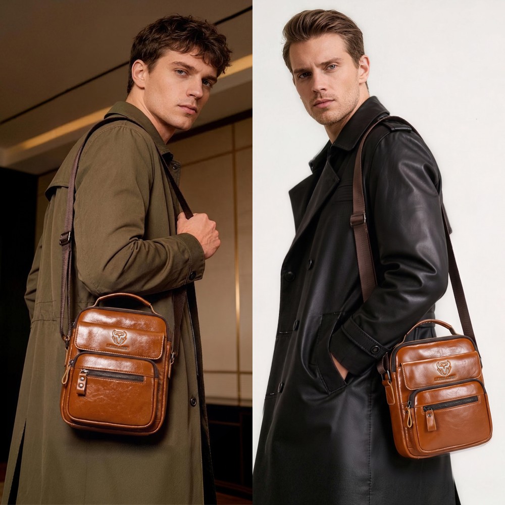 Men’s Genuine Leather Crossbody Bag Small Shoulder Messenger Bag for Work Travel