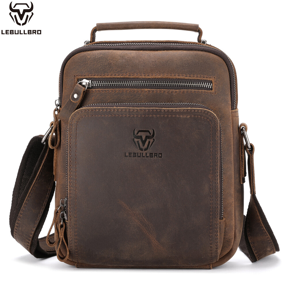 Men’s Genuine Crazy Horse Leather Crossbody Bag Casual Multi-Pocket Shoulder Bag