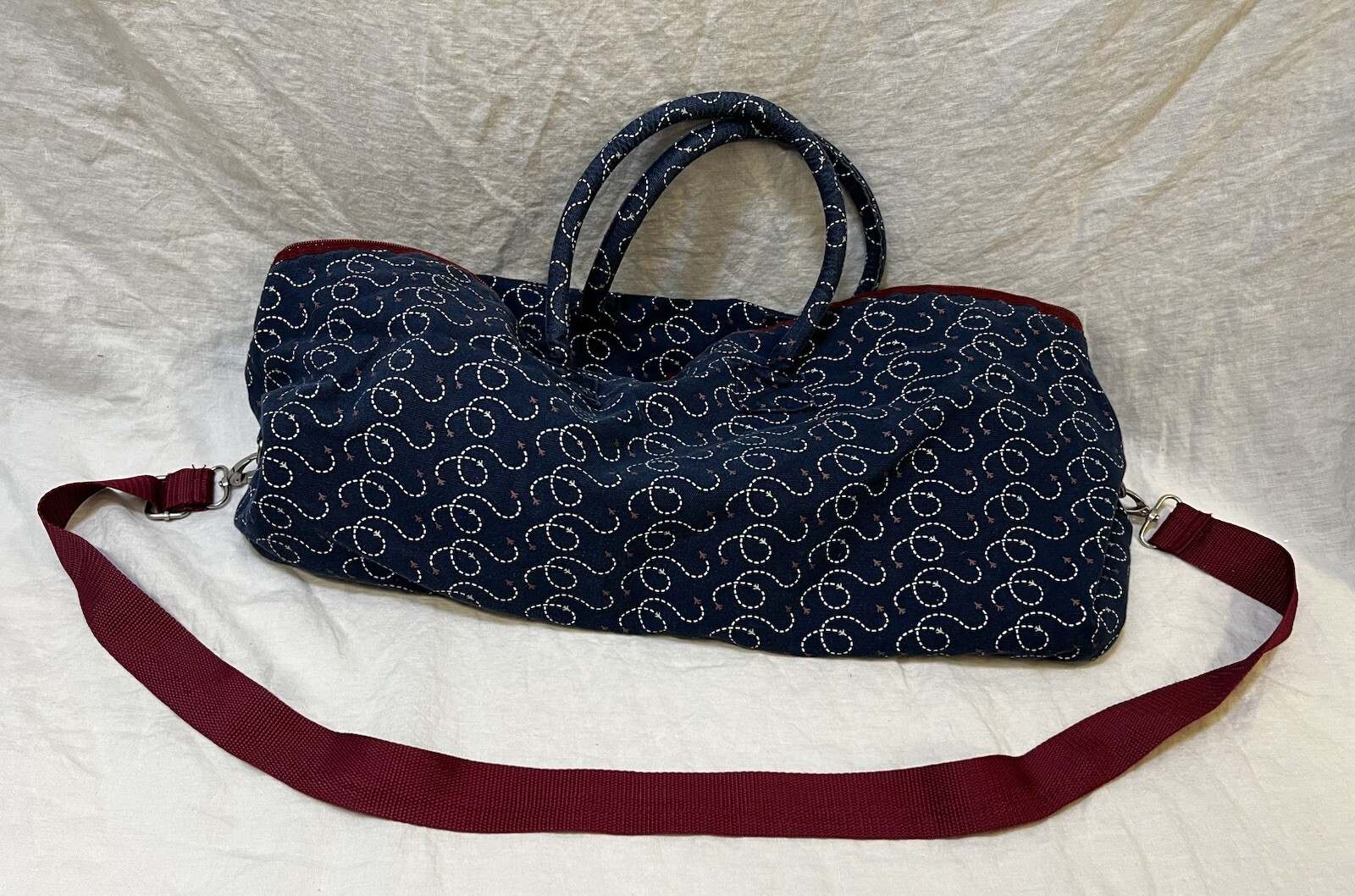 Duffle Bag Blue Canvas Carry On Airplane Motif Travel Strap Handles Gym Tote
