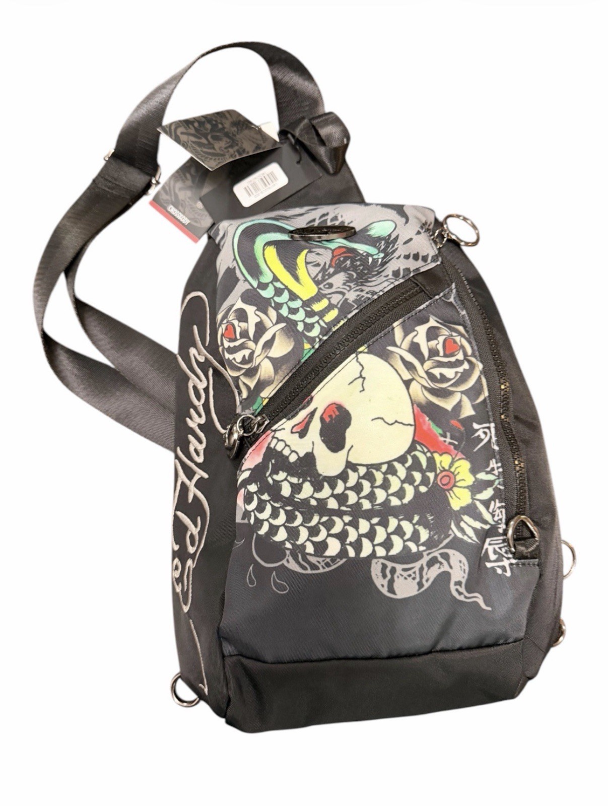 Ed Hardy Sling Backpack Unisex Black New York City Skull Snake Tattoo NWT