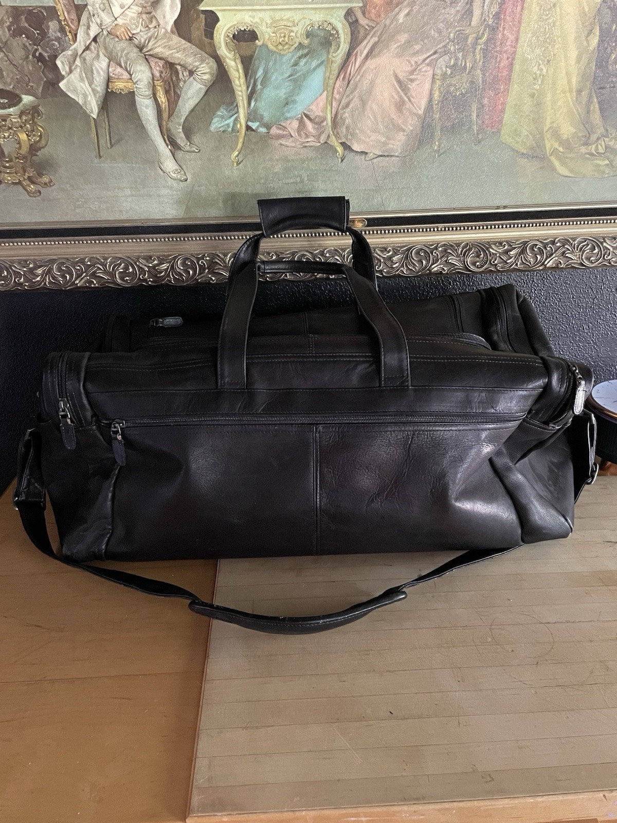 Black Leather Travel Duffel Bag Gym Weekender Overnight Luggage Mens Large