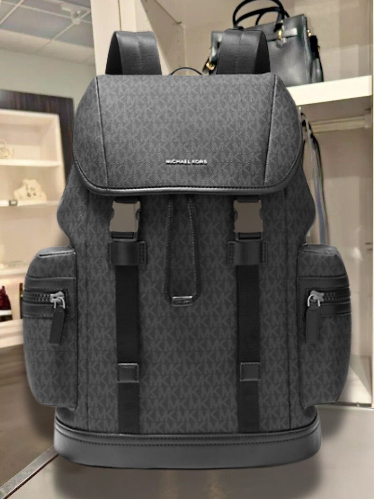 Michael Kors Cooper Men Logo Pocket Shoulder Backpack Travel Bag Black