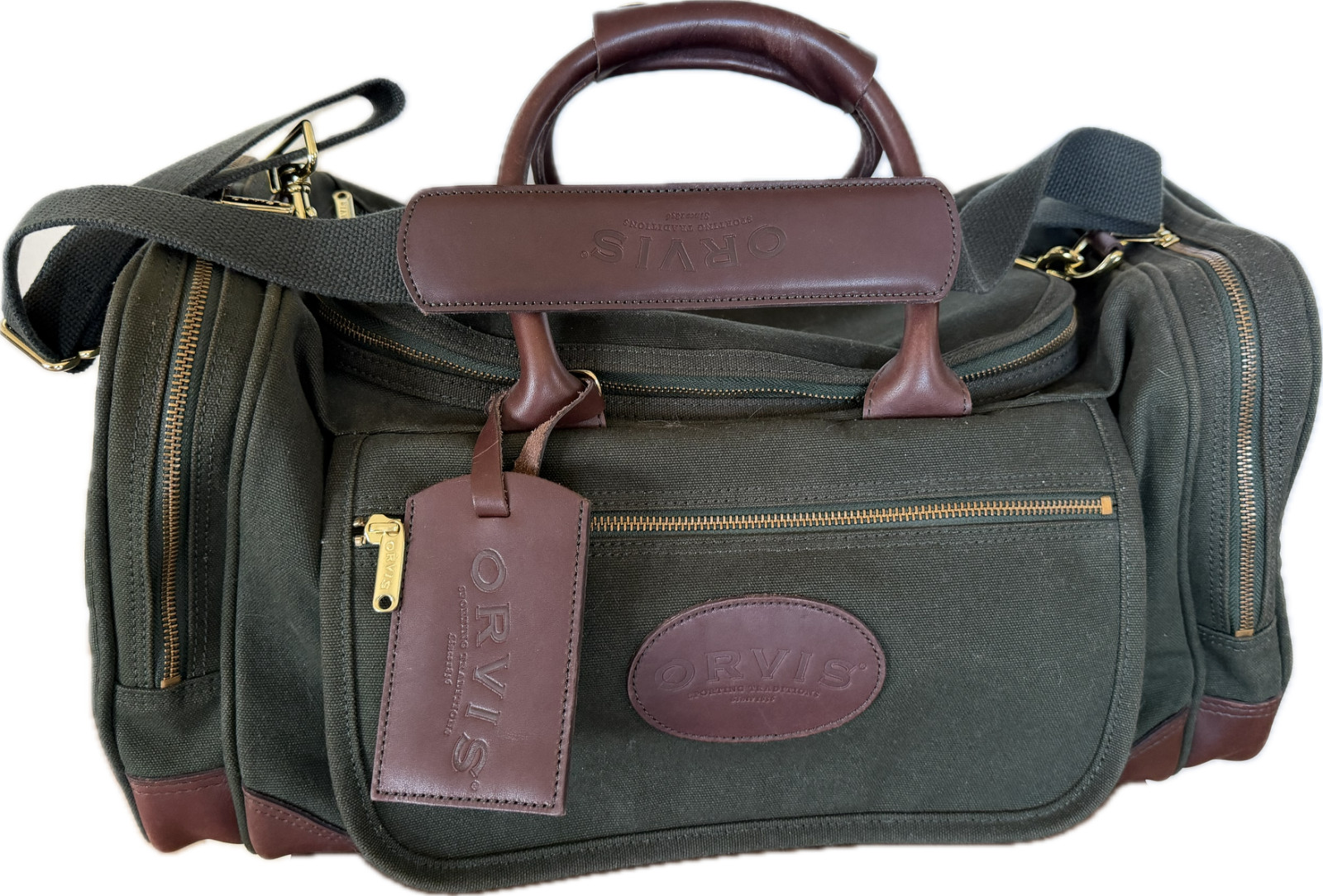 Vintage Orvis Battenkill 90s Green Canvas & Brown Leather Duffle Bag USA Made