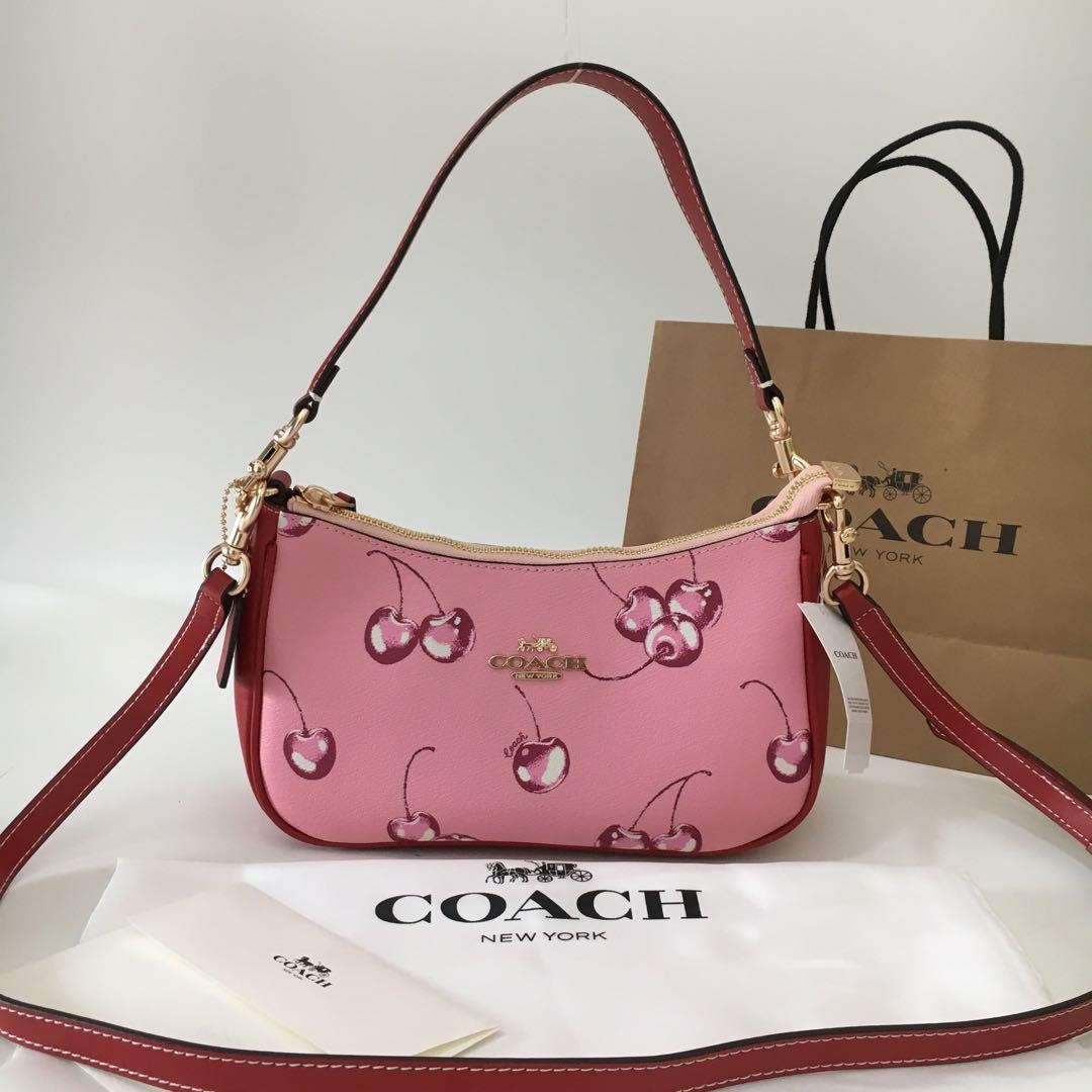 Coach CR290 Teri Shoulder Bag Pink Cherry Print Coated Canvas Leather Outlet