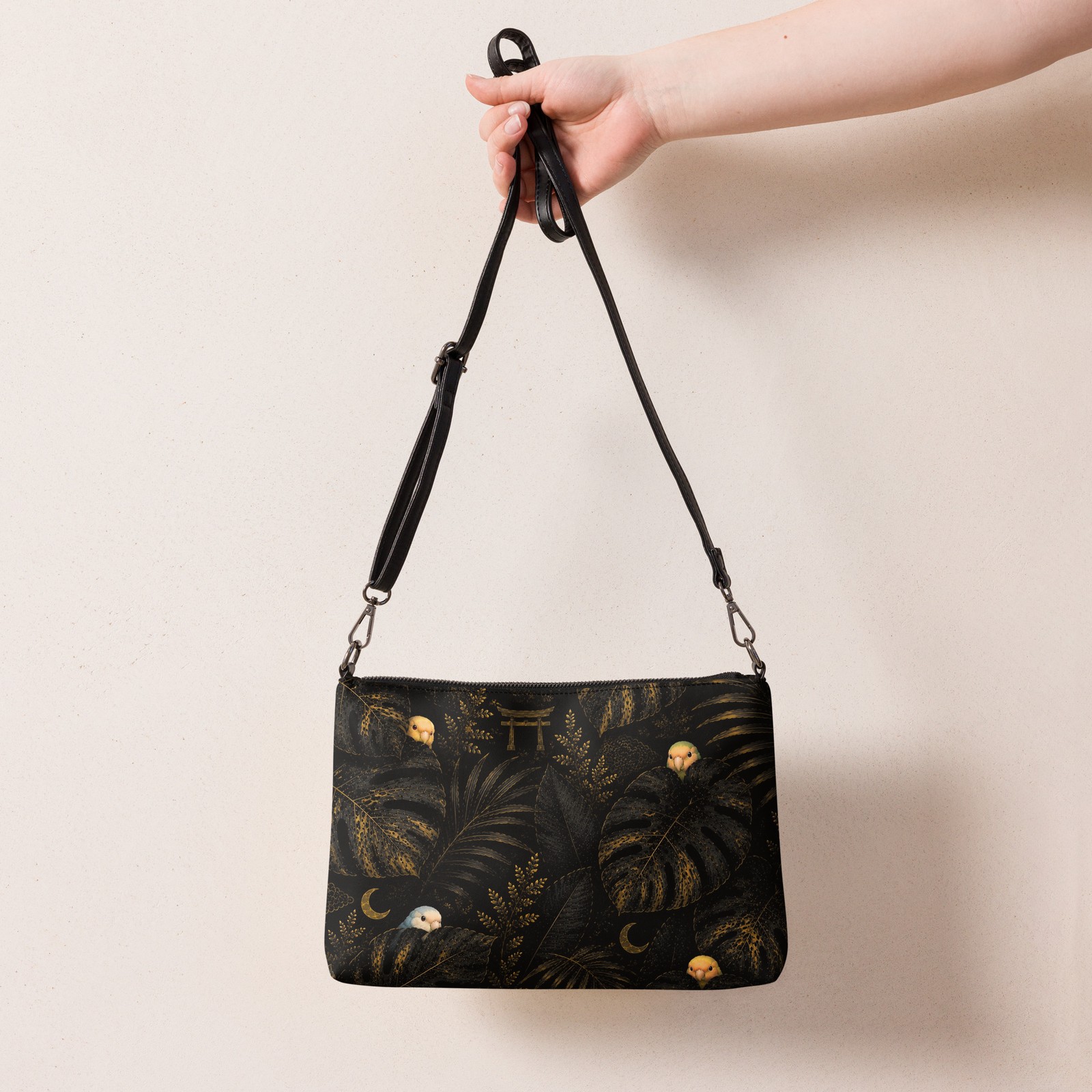 Lovebird Crossbody Bag, Black Gold Bird Purse, Faux Leather Handbag