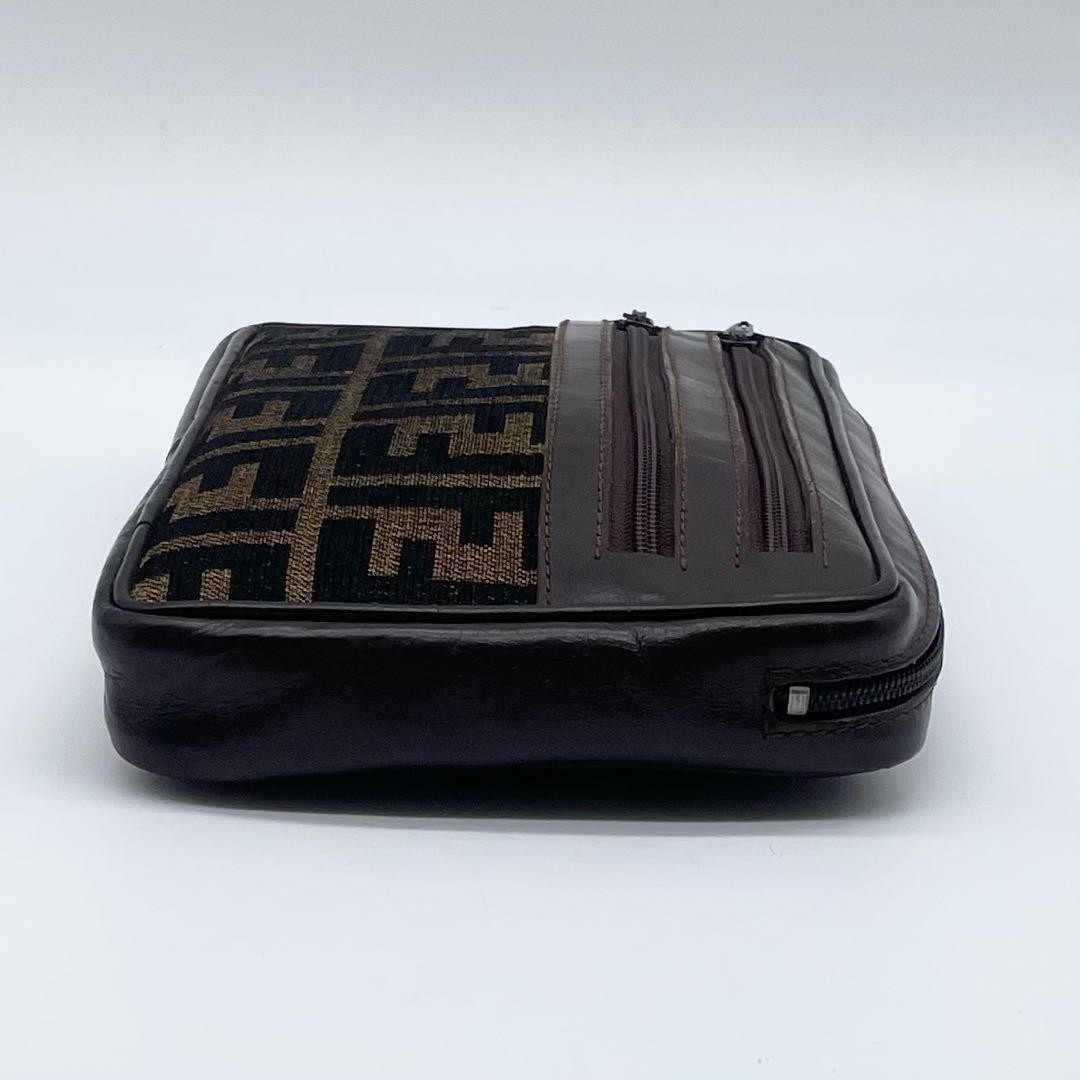 FENDI Zucca Print Logo All-over Monogram Pouch Purse Canvas Leather Dark Brown