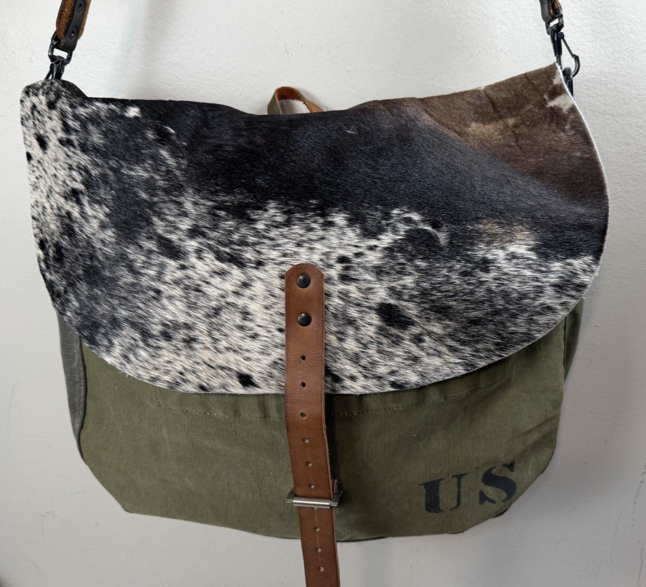 Vintage Army Military Newspaper Bag Upcycled Leather Hide Canvas 17×13 OOAK