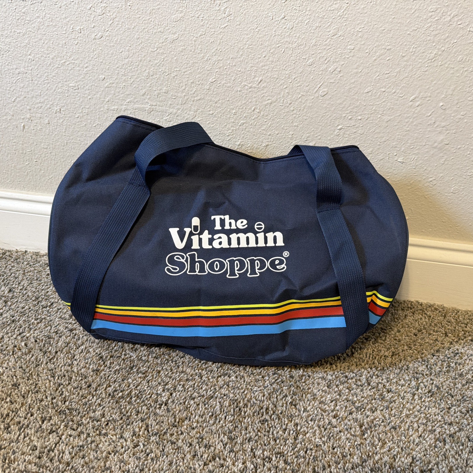 The Vitamin Shoppe Retro Duffel Bag Blue Rainbow Stripe Gym Travel Tote