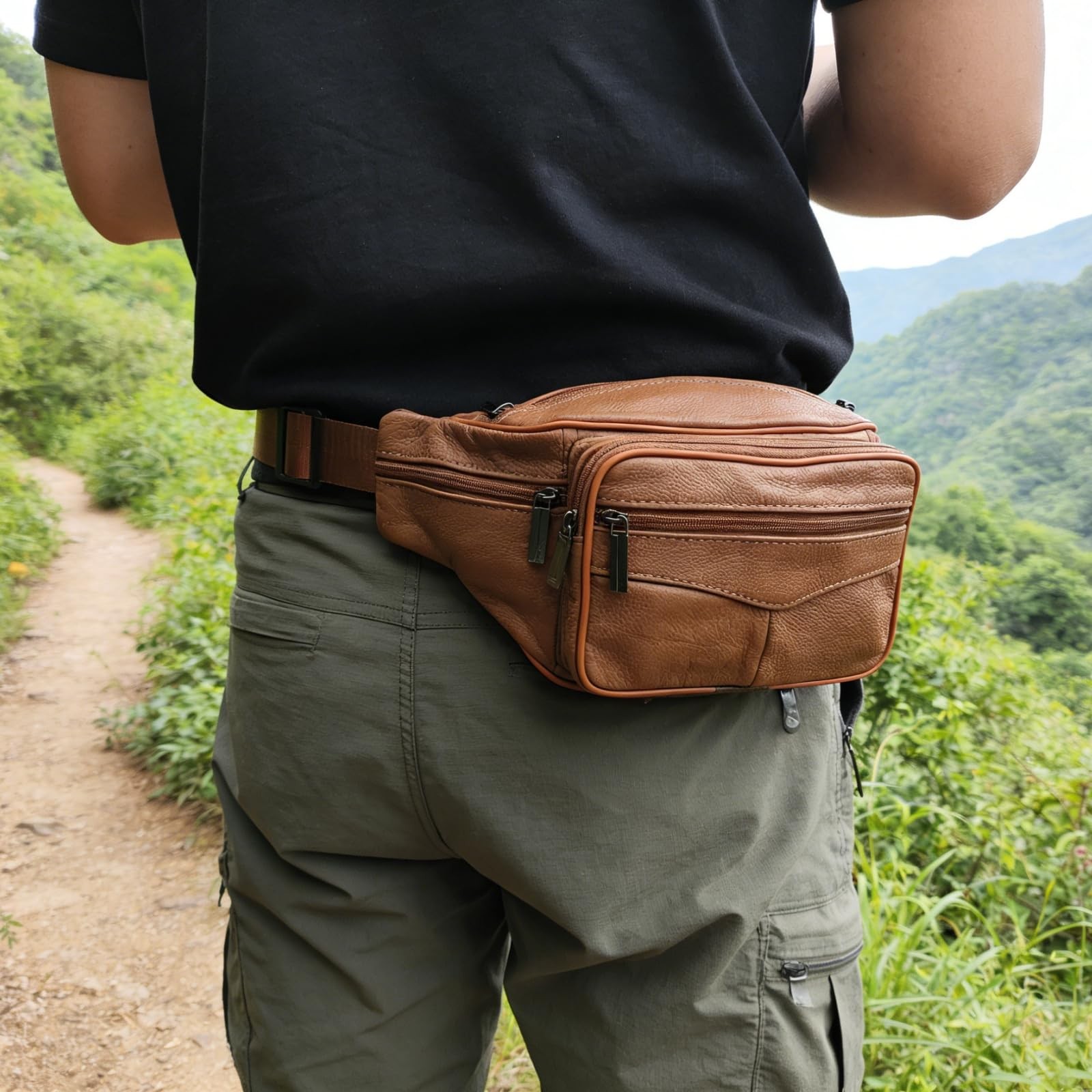 large 6 Pockets Leather Fanny Pack Travel XX-Large, Light brown 2025 model