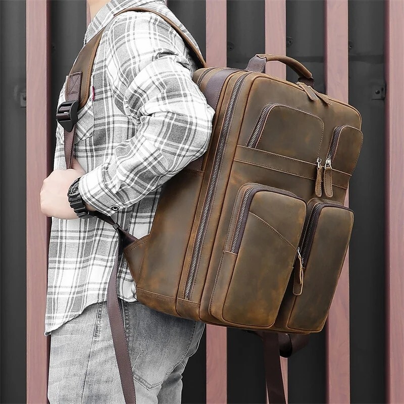 Men Vintage Leather Backpack Crazy Horse Leather 15.6” Laptop Travel Backpack